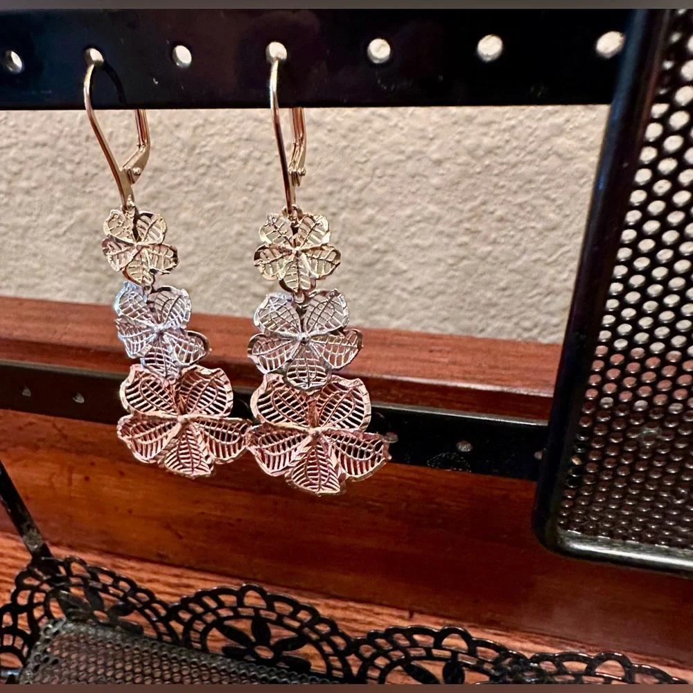 ⭐ AK 925 Turkey Sterling Silver Tri-Tone Leaf Bracelet & Earrings Set - Picture 4 of 6